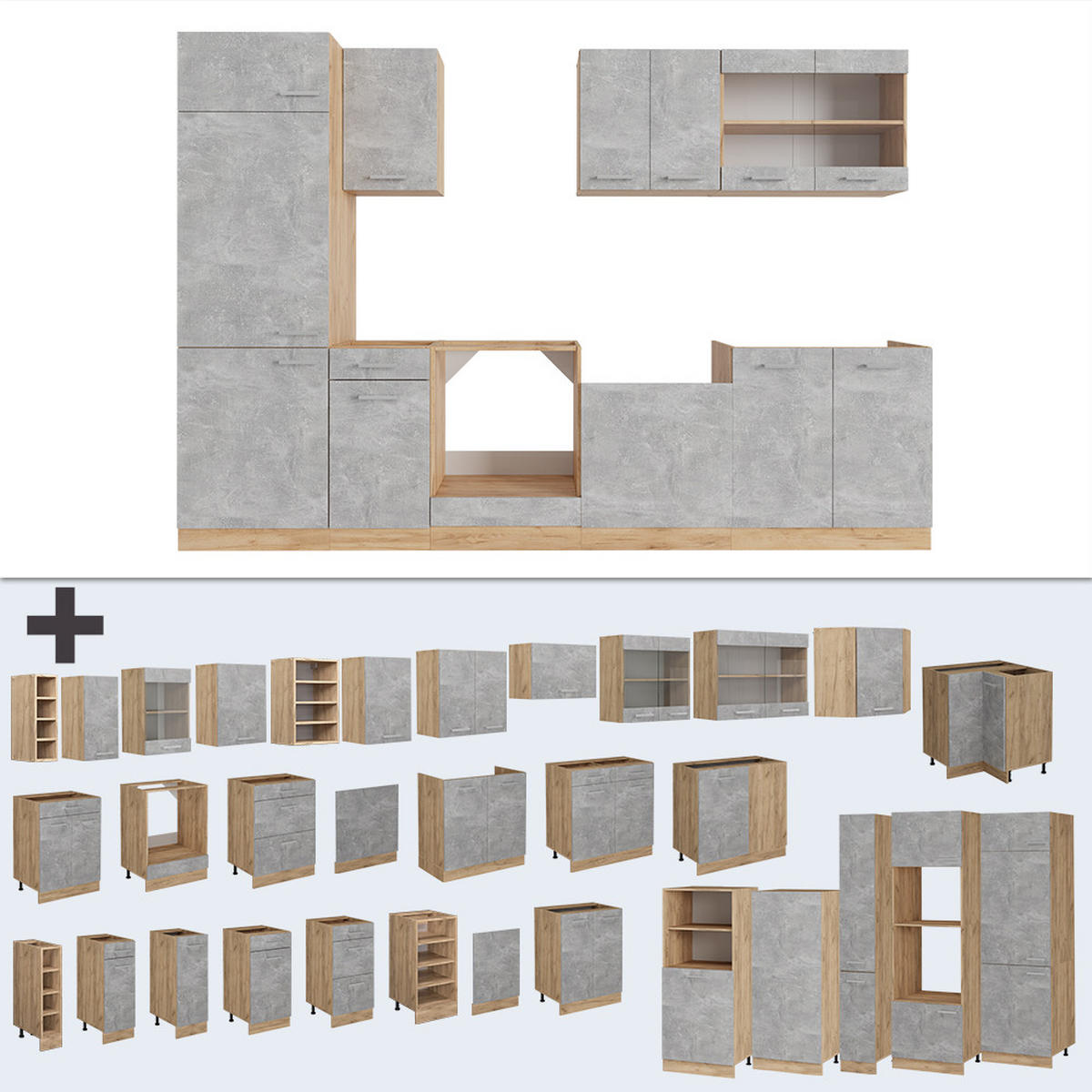 KUCHYNSKÝ KÚT R-Line Betón/zlatý dub - sivá, kompozitné drevo (300/81.6/60cm) - Vicco