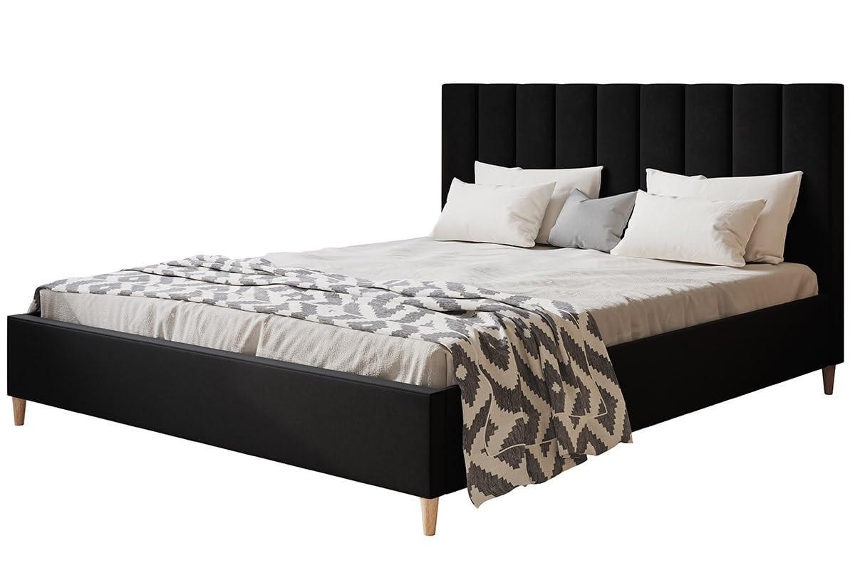 POLSTERBETT LUX Tokio mit Kopfteil, 120 x 200 cm, Doppelbett mit Lattenrost aus Holz, Velourstoff Schwarz, Füße in Farbe: Braun - Schwarz, Holz/Textil (120/200cm) - Alpi-Möbel