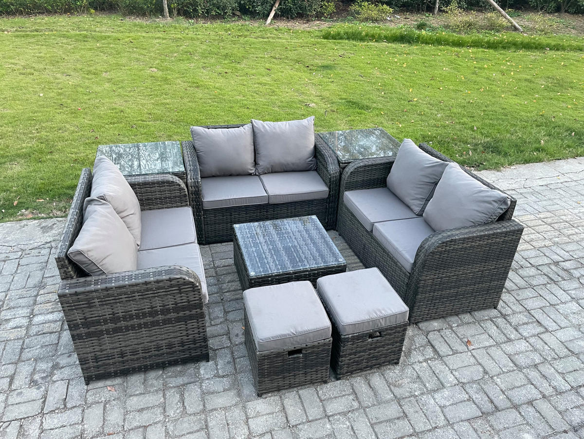 GARTENMÖBELGARNITUR Polyrattan Dunkelgrau 8-Sitzer - Dunkelgrau, Metall - Fimous
