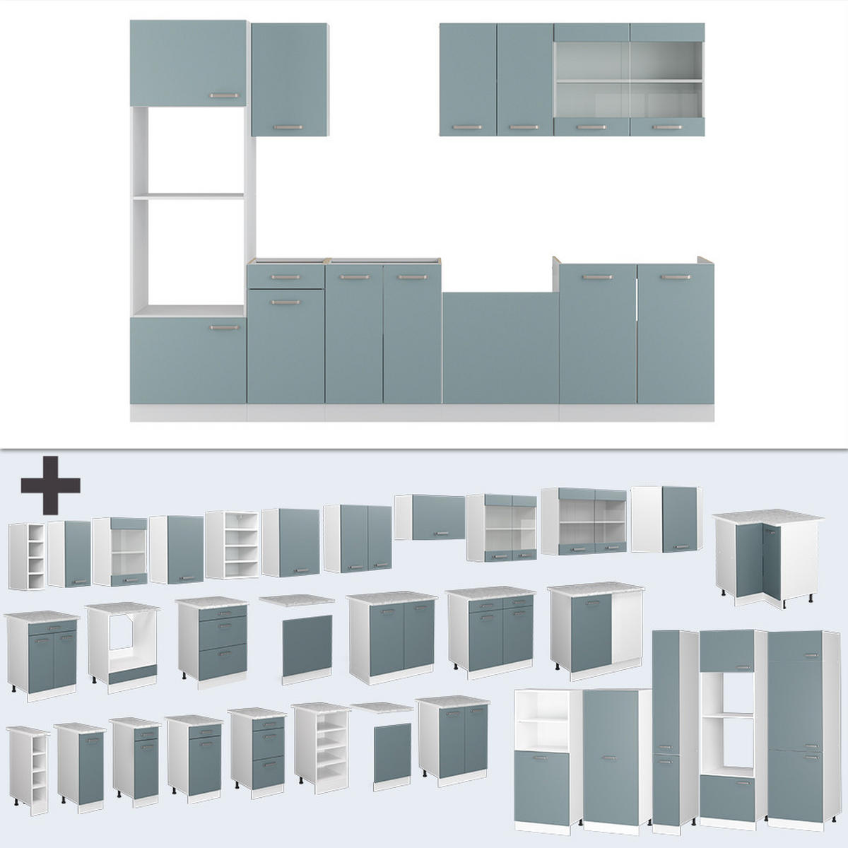 KÜCHENZEILE R-Line Blau-Grau/Weiß 300 cm mit Hochschrank, AP Eiche - Blaugrau/Weiß, Holzwerkstoff (300/81.6/60cm) - Vicco