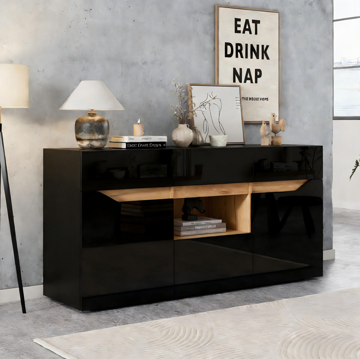SIDEBOARD aus Spanplatte 140x40x70 cm Schwarz/Naturholz mit LED-Beleuchtung, 4 Schubladen, 2 Schränken und Hochglanz-Front - Schwarz, Holzwerkstoff (140/70/40cm) - Modfu