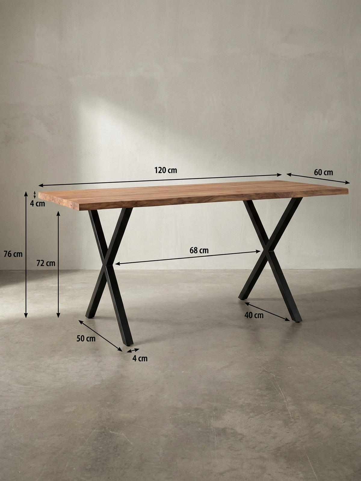 SCHREIBTISCH Massivholz X-Gestell Baumkante Handgefertigt KRETA, Goldbraun-Schwarz 120x60x76 cm - Schwarz/Braun, Holz/Metall (120/60/76cm) - KADIMA DESIGN