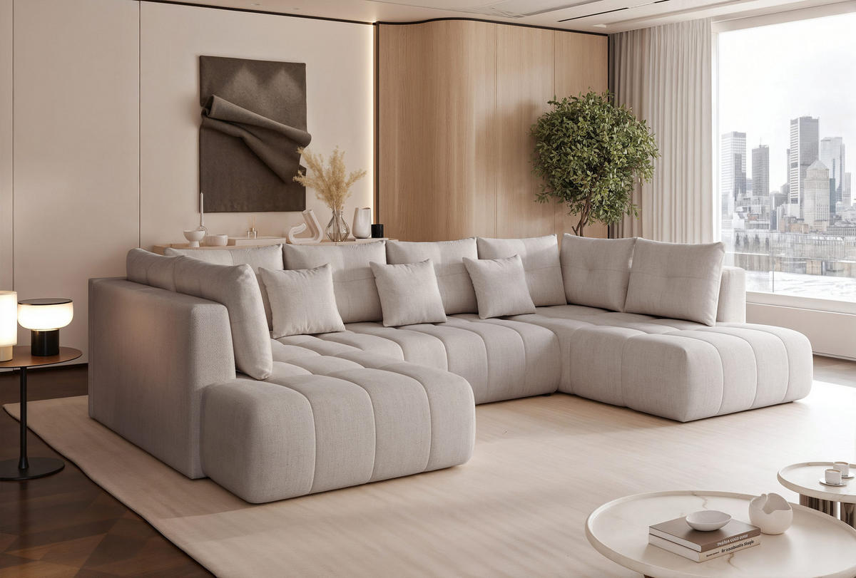 WOHNLANDSCHAFT STONE mit Schlaffunktion und Bettkasten, Stoff Hellgrau - Hellgrau, Kunststoff/Textil (350/91/190cm) - Idohome