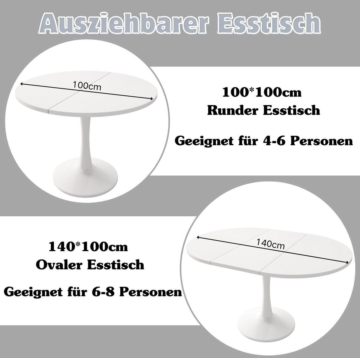 ESSTISCH aus MDF 100/140x100x75 cm Weiß ausziehbar, oval und platzsparend - Weiß, Holzwerkstoff (100/140/75cm) - Modfu