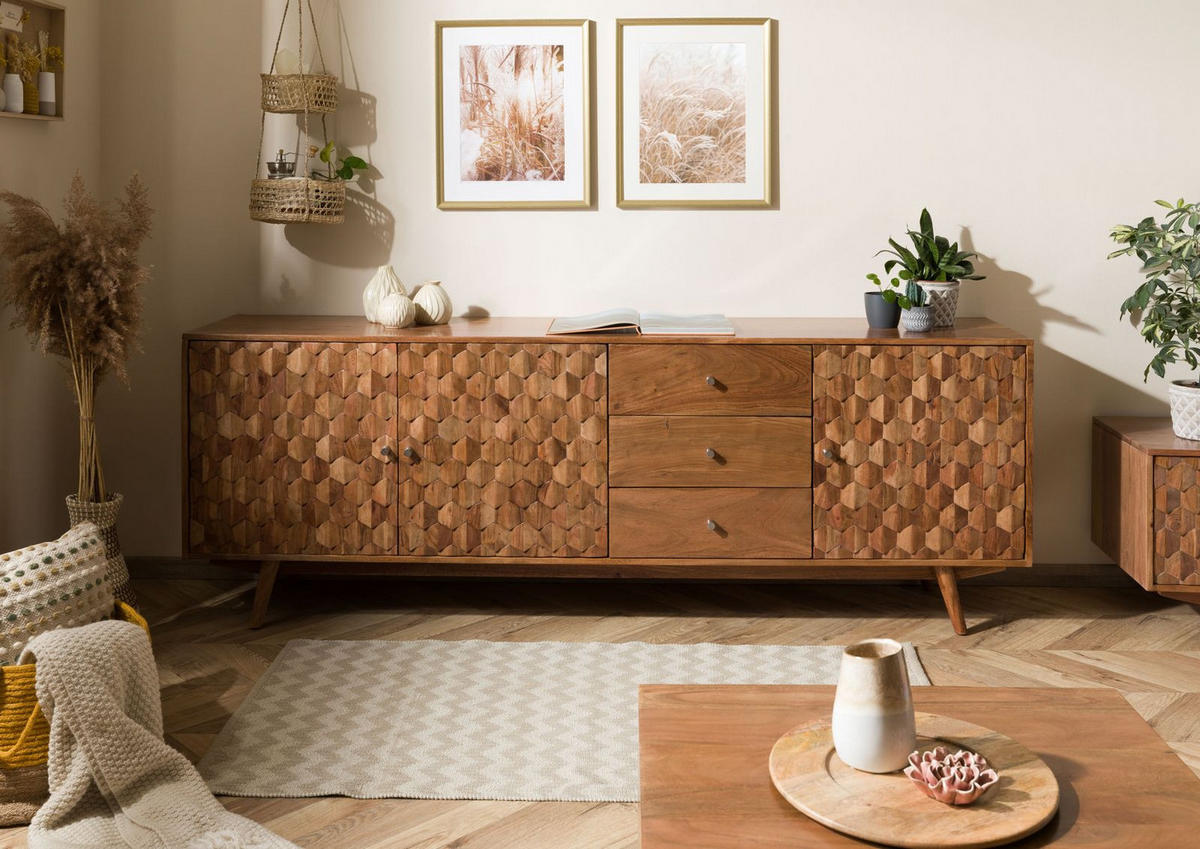 SIDEBOARD Akazie 210x42x75 Akazie natur lackiert MOSAYK #109 - Naturfarben, Holz (210/75/42cm) - Massivmoebel24