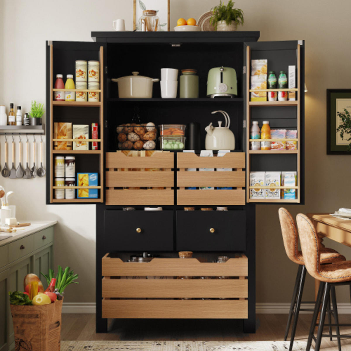 SIDEBOARD 80×40×140 cm aus MDF & Metall mit großem Stauraum und Kippschutz, schwarz - Schwarz, Holzwerkstoff (80/140/40cm) - Luhomfu