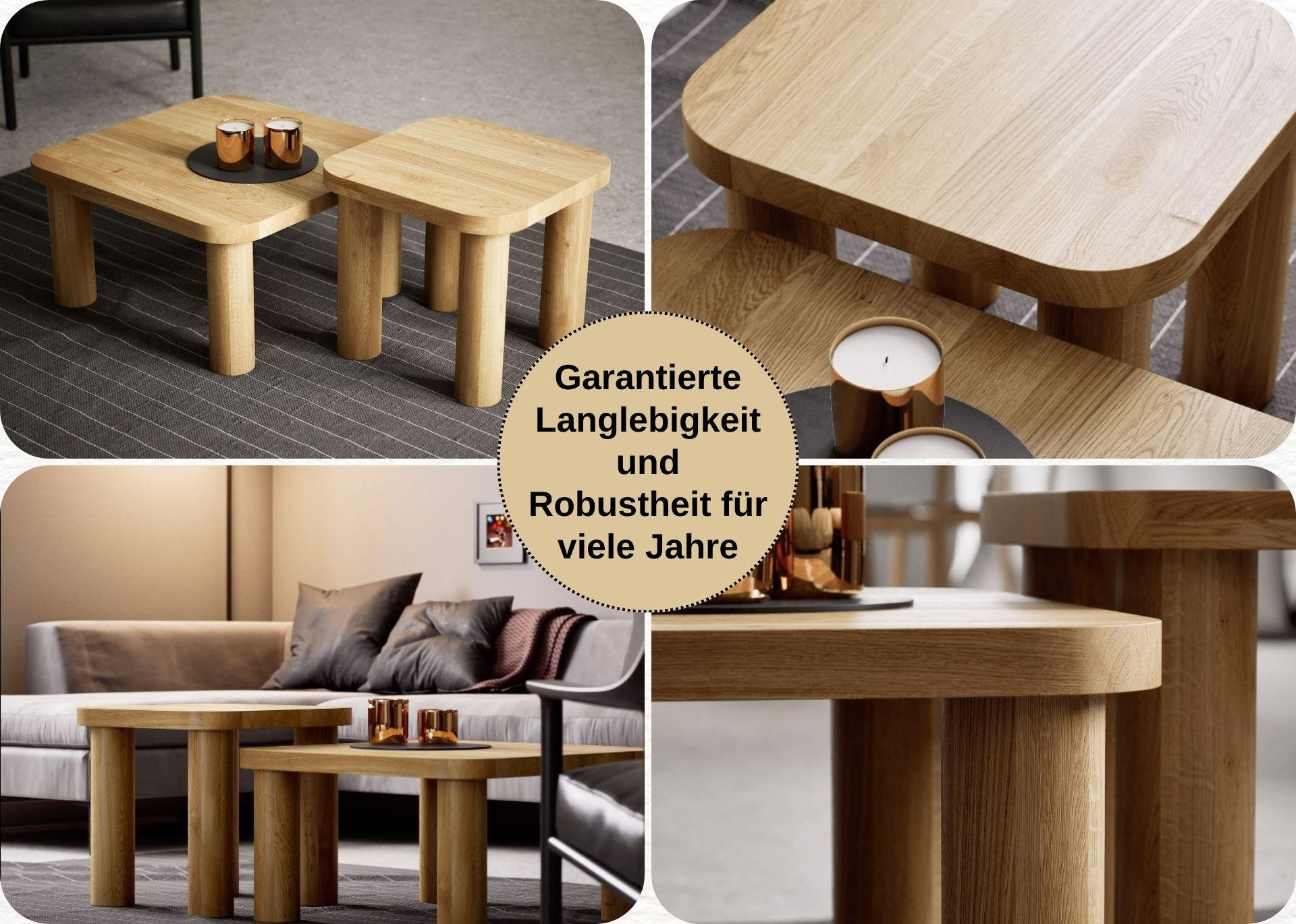 COUCHTISCH SET Eichenholz vollmassiv quadratisch Naturbelassenen 70/70/37 - Naturfarben, Holz (70/70/37cm)