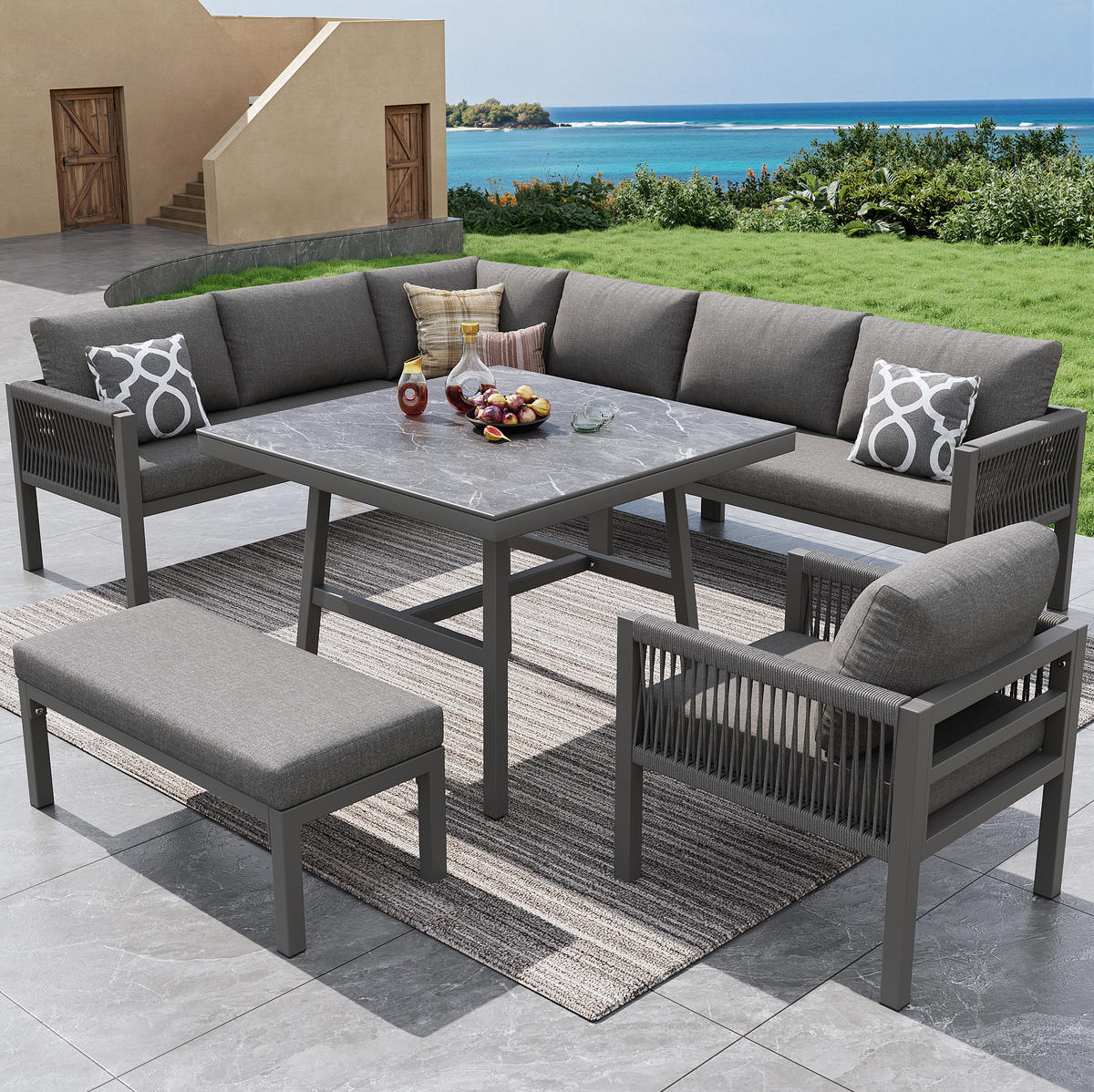 GARTENLOUNGE 118/61/80 cm grau aus Eisen mit Marmorglastisch und waschbaren Polstern - Grau, Metall - OKWISH