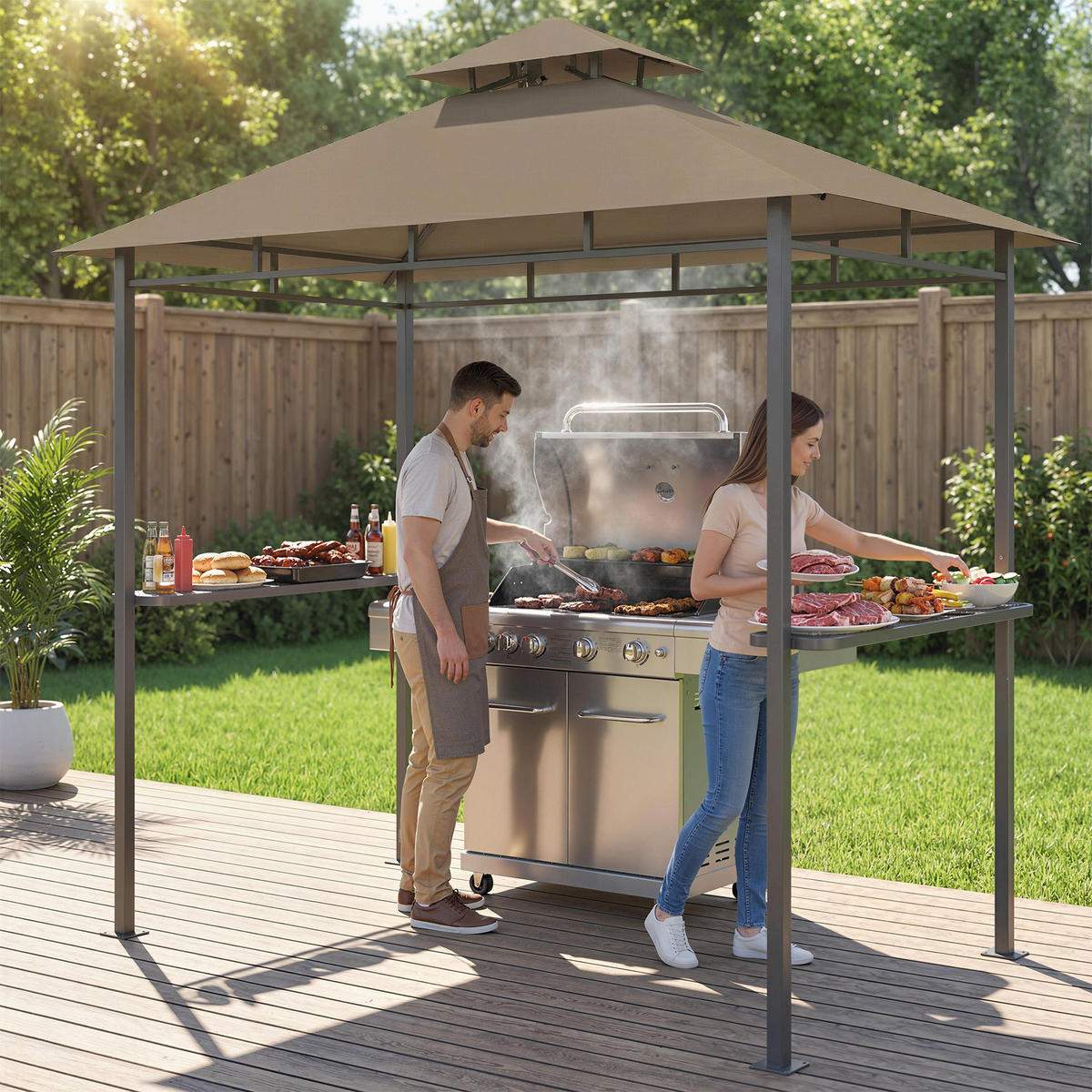 GRILLPAVILLON DE-12741 245/146/255 cm Doppeldach, 2 Seitenregale Braun - Braun, Metall (146/255/245cm) - ComfortXL