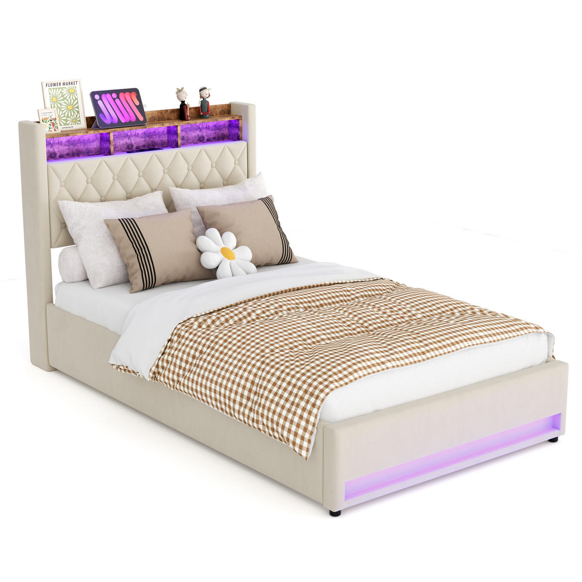 POLSTERBETT 140/200 cm Beige mit LED-Lichtleiste und USB-Anschlüssen - Beige, Holzwerkstoff (140/200cm) - OKWISH