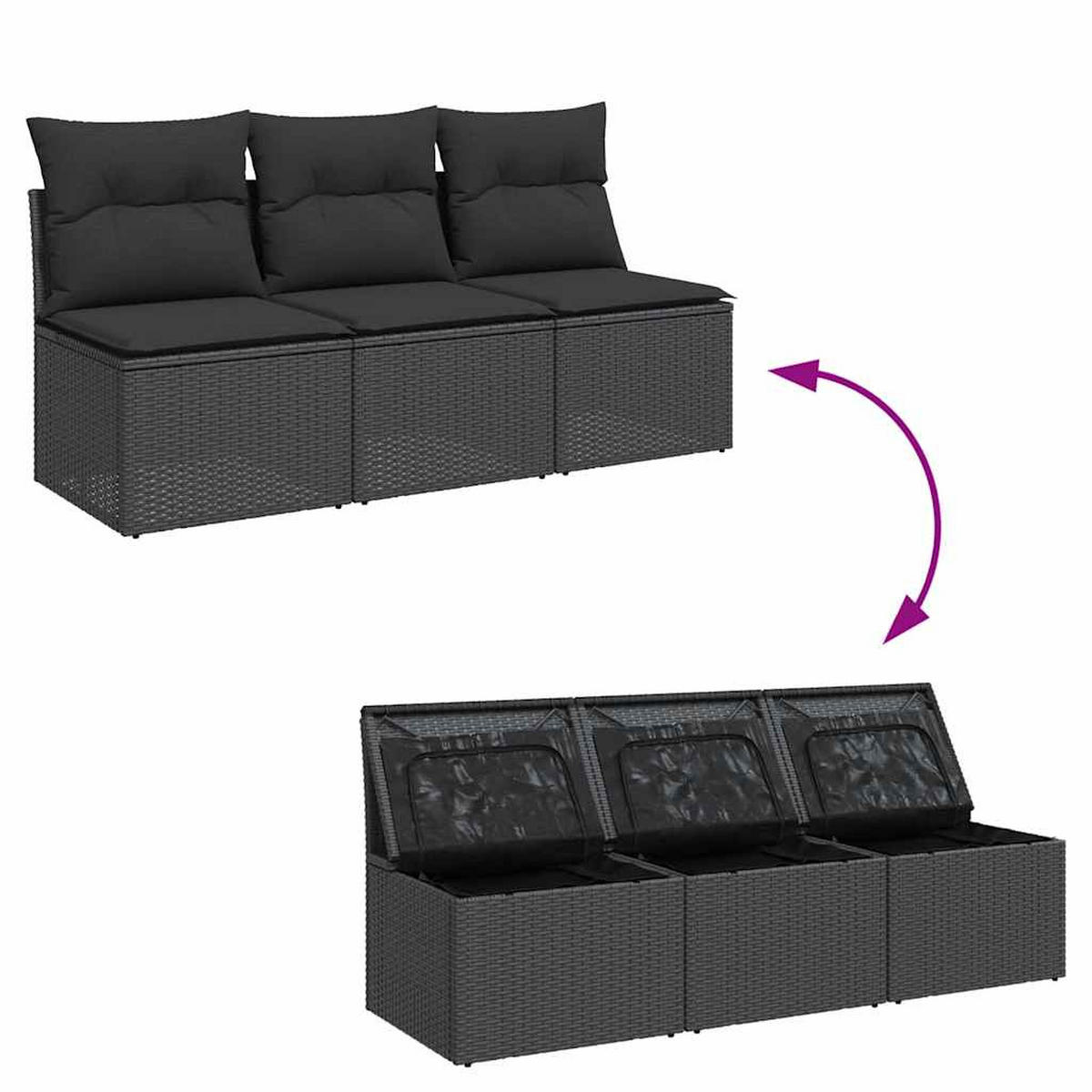 GARTENSOFA Mit Kissen 3-Sitzer Schwarz Poly Rattan - Schwarz, Kunststoff (165/69/62cm) - vidaXL