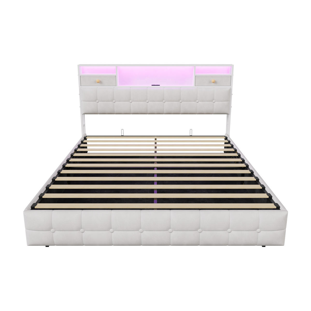 BETT mit hydraulischem Bettkasten, 160/200 cm, mit Samtbezug, LED-Beleuchtung und USB-Anschlüssen, Beige - Beige, Textil/Metall (160/200cm) - Waldena