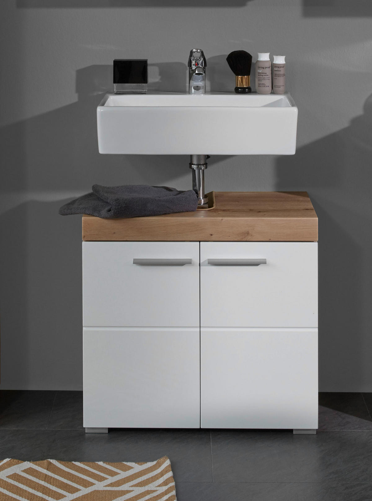 WASCHBECKENUNTERSCHRANK weiß Hochglanz, Eiche Badschrank 60 x 56 cm - Eichefarben/Weiß, Holzwerkstoff/Kunststoff (60/56/34cm) - Top.Furn