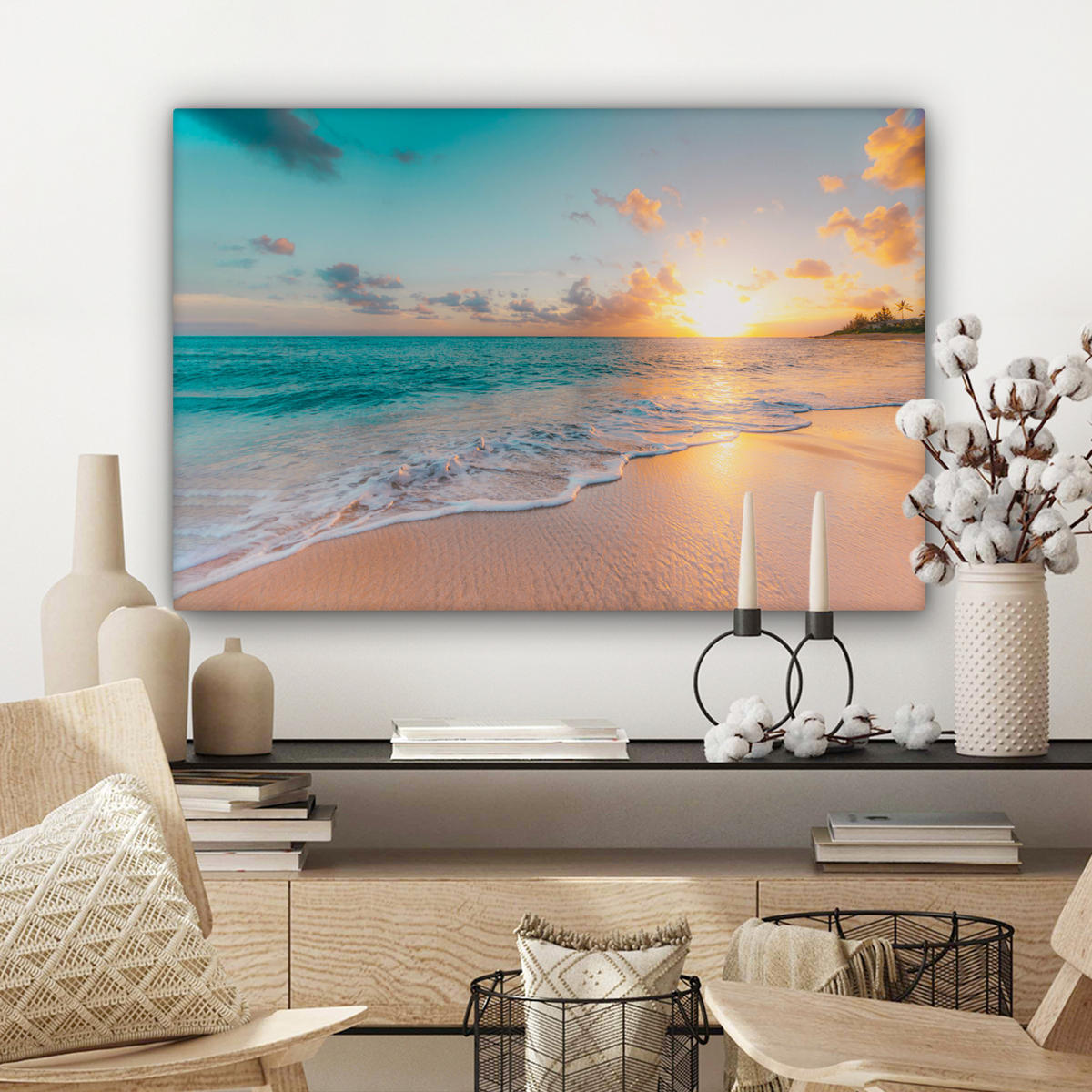 LEINWANDBILD - Sonnenuntergang - Strand - Meer - Sommer - Blau - 90x60 - Deko Wohnzimmer - Multicolor, Textil (90/60cm) - MuchoWow