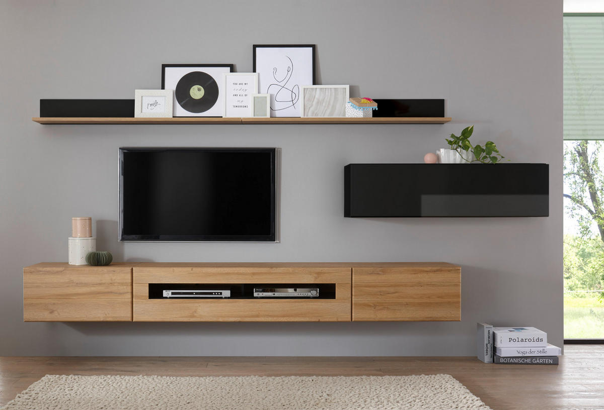WOHNWAND schwarz Hochglanz, Grandson Eiche, Anbauwand 340 cm - Schwarz Hochglanz/Eichefarben, Holzwerkstoff (340/200/48cm) - Furn.Design