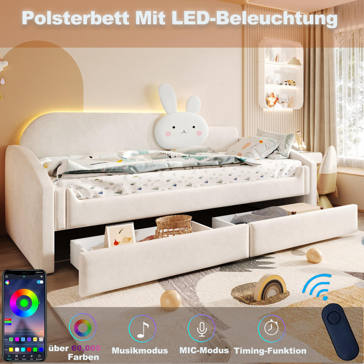 BETT 90/200 cm in Beige mit LED-Beleuchtung und Stauraum - Beige, Textil (90/200cm) - Flora Grace