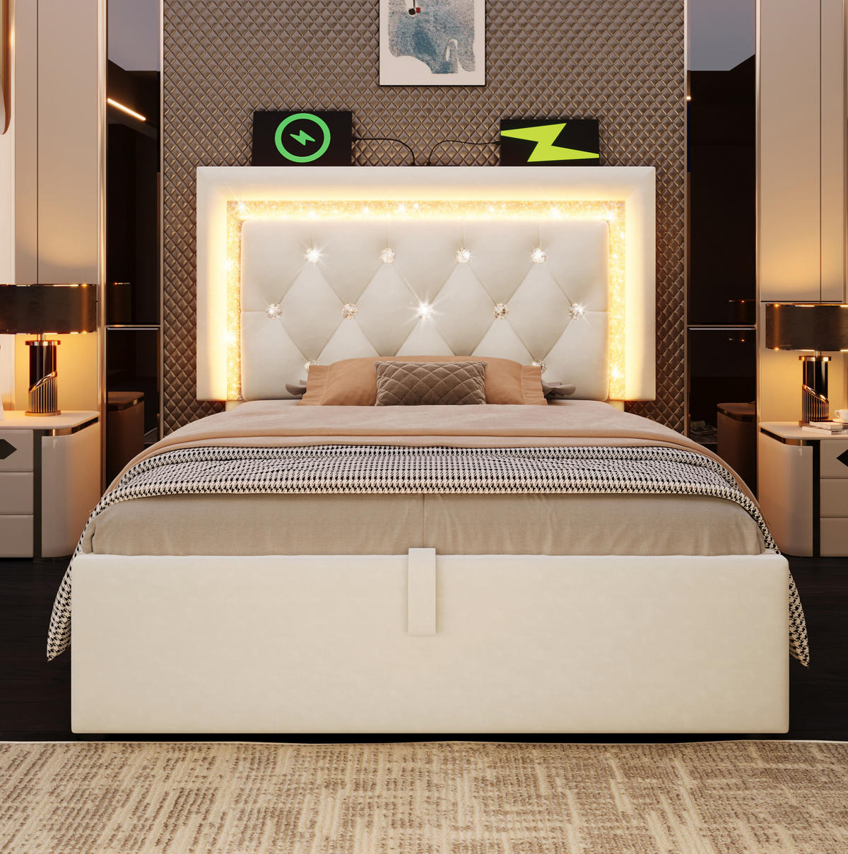 BETT mit LED, USB und Stauraum 90x200 cm Samt Beige - Beige, Metall (90/200cm) - Meubliv