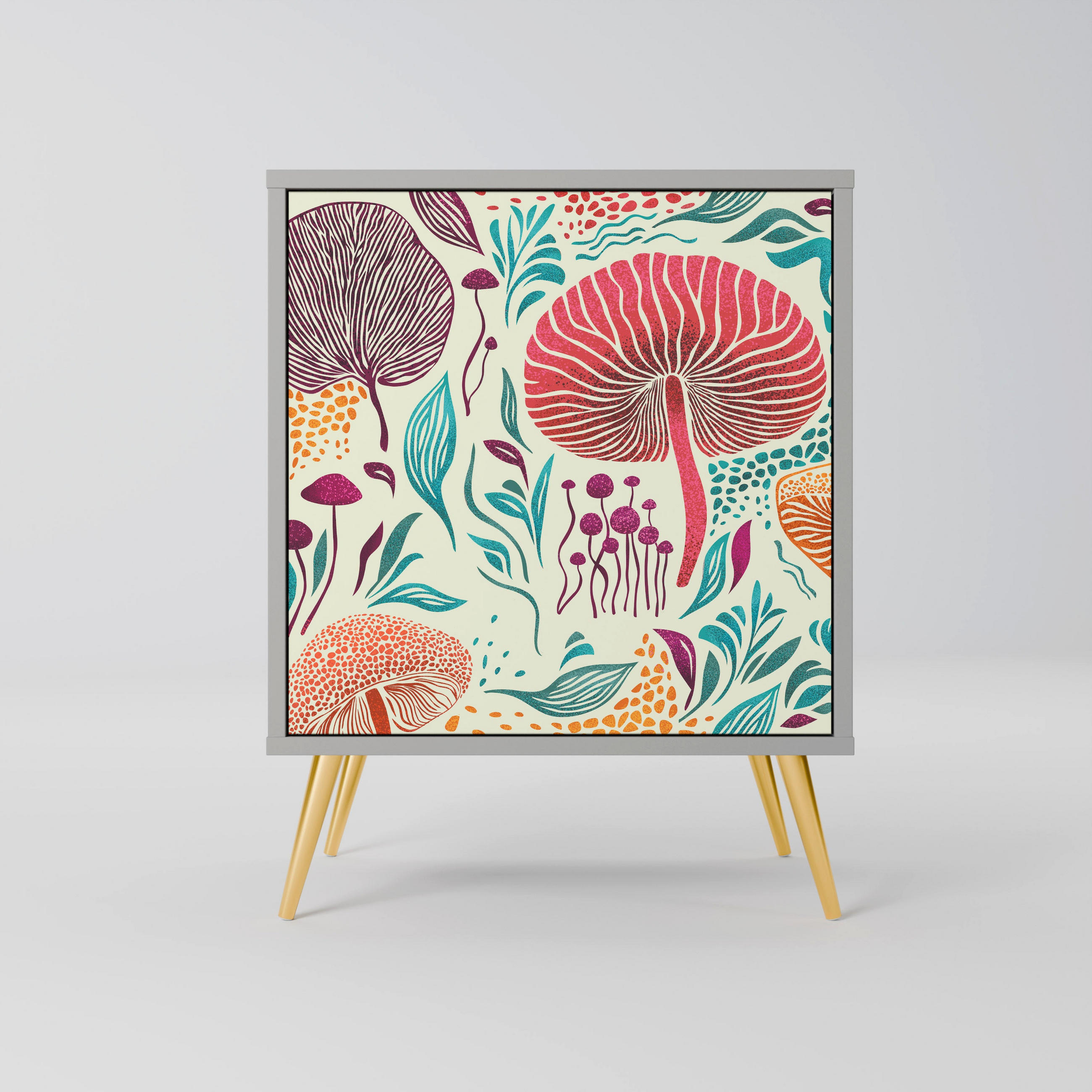 SIDEBOARD FUNGUS FANTASY, Grau, 57,5x42x75,5 cm, Goldfarbene Metallfüße - Goldfarben/Multicolor, Holzwerkstoff/Metall (57.5/75.5/42cm) - SpaceRebels