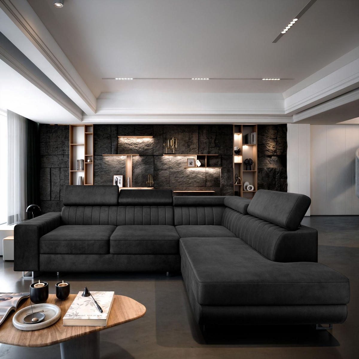 ECKSOFA NOLA R-S Schwarz Velours-Stoff mit Schlaffunktion - Schwarz, Holz (253/190cm) - MASSENO