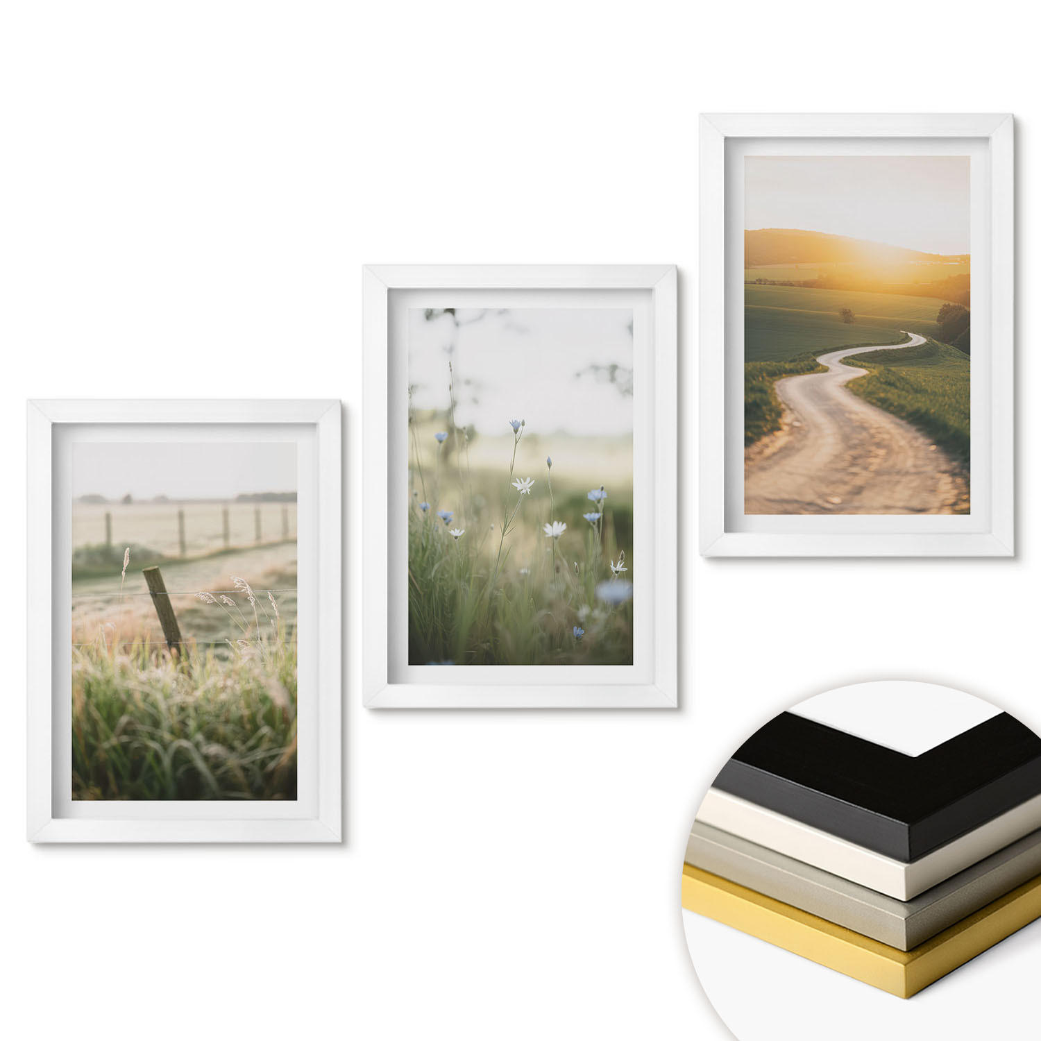 WANDBILDER 3er-Set - 20x30 cm Weißer Rahmen - Landschaftswiesenstraße West - Weiß, Kunststoff (20/30cm) - ArtPrintCave