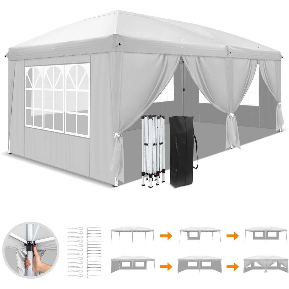 FALTPAVILLON 3 x 6 m Wasserdicht Sonnenschutz Weiß mit 4 Seitenwänden - Weiß, Textil (300/255/600cm)