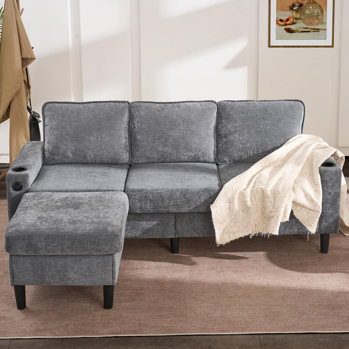 ECKSOFA 202/137/80 cm Grau mit USB-, Typ-C-Anschlüssen, 2 Getränkehaltern und 1 Fußhocker - Grau, Textil (202/137cm) - Oxeza