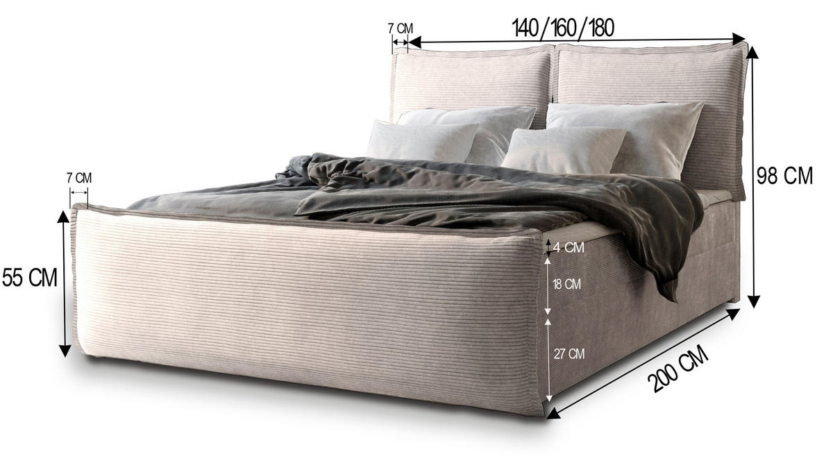 BOXBETT MONTA 140x200 cm mit Matratze und Topper - Creme - Creme, Holz (140/200cm) - MASSENO