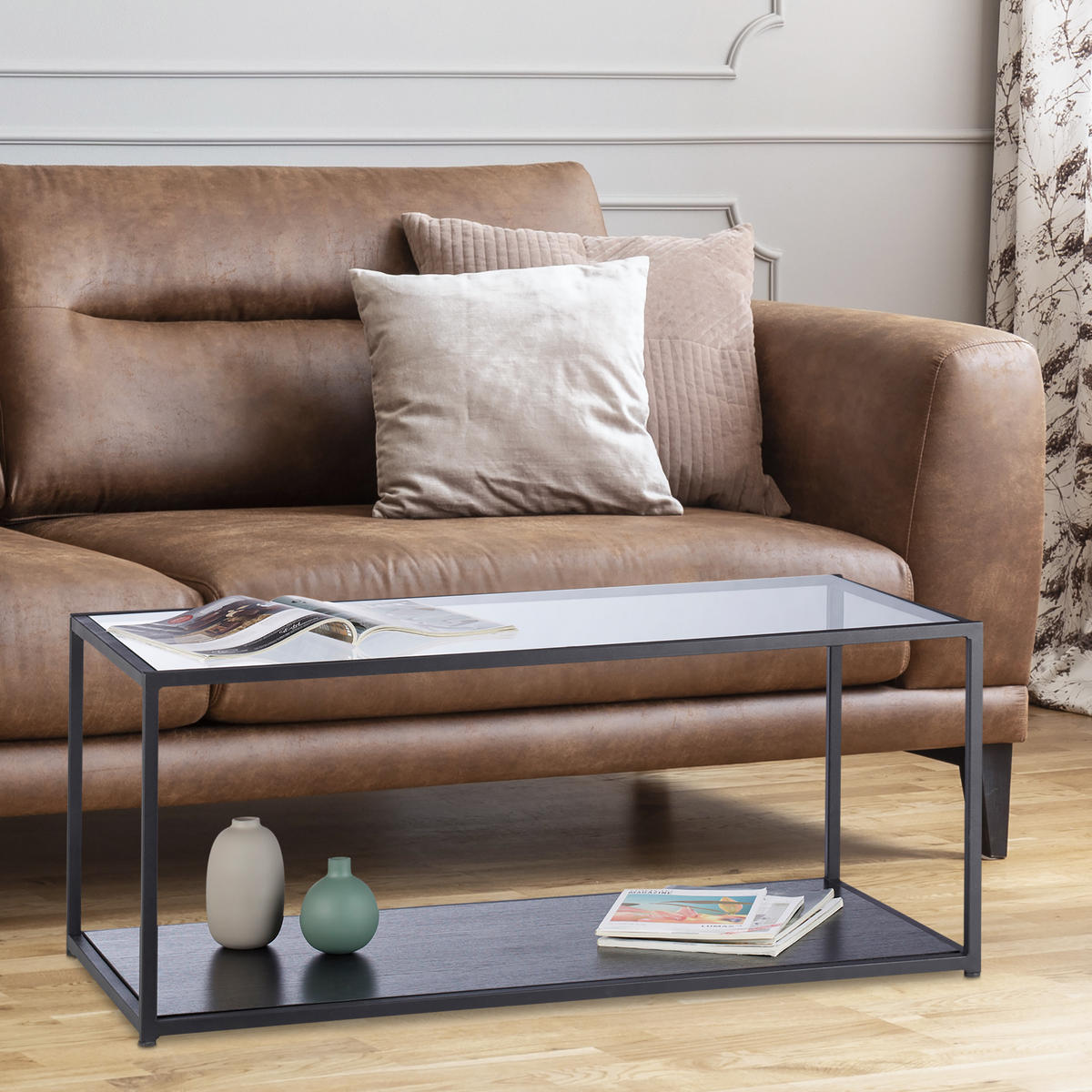COUCHTISCH - Schwarz, Glas/Holzwerkstoff (50/100/42cm) - Relaxdays