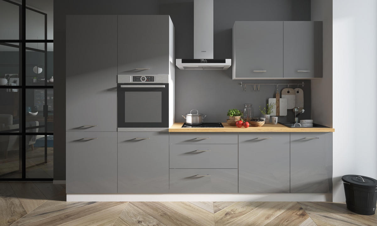 KÜCHENLEERBLOCK Essen Trend weiß / graphit hochglanz - eiche lancelot 8-teilig - Graphitfarben/Weiß, Holzwerkstoff (310/207/60cm) - Feldmann-Wohnen