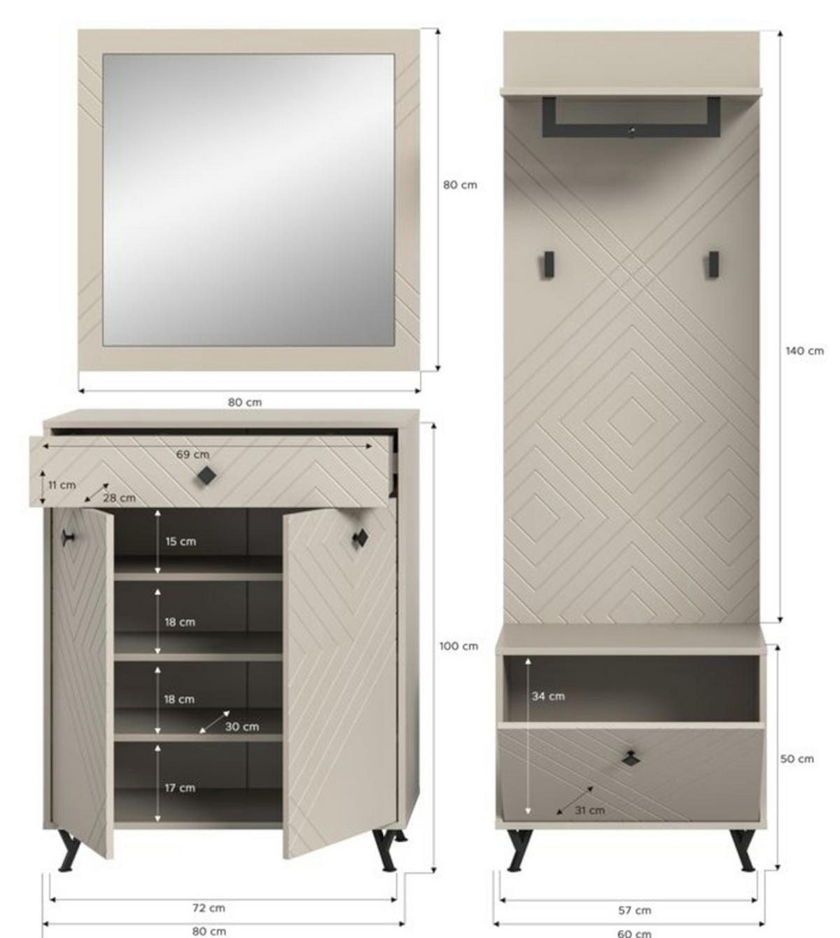 GARDEROBE Set 4-teilig Sand matt 155 cm, Garderobenkombination mit Fräsungen - Sandfarben/Beige, Glas/Holzwerkstoff (155/190/35cm) - Inn.Furn
