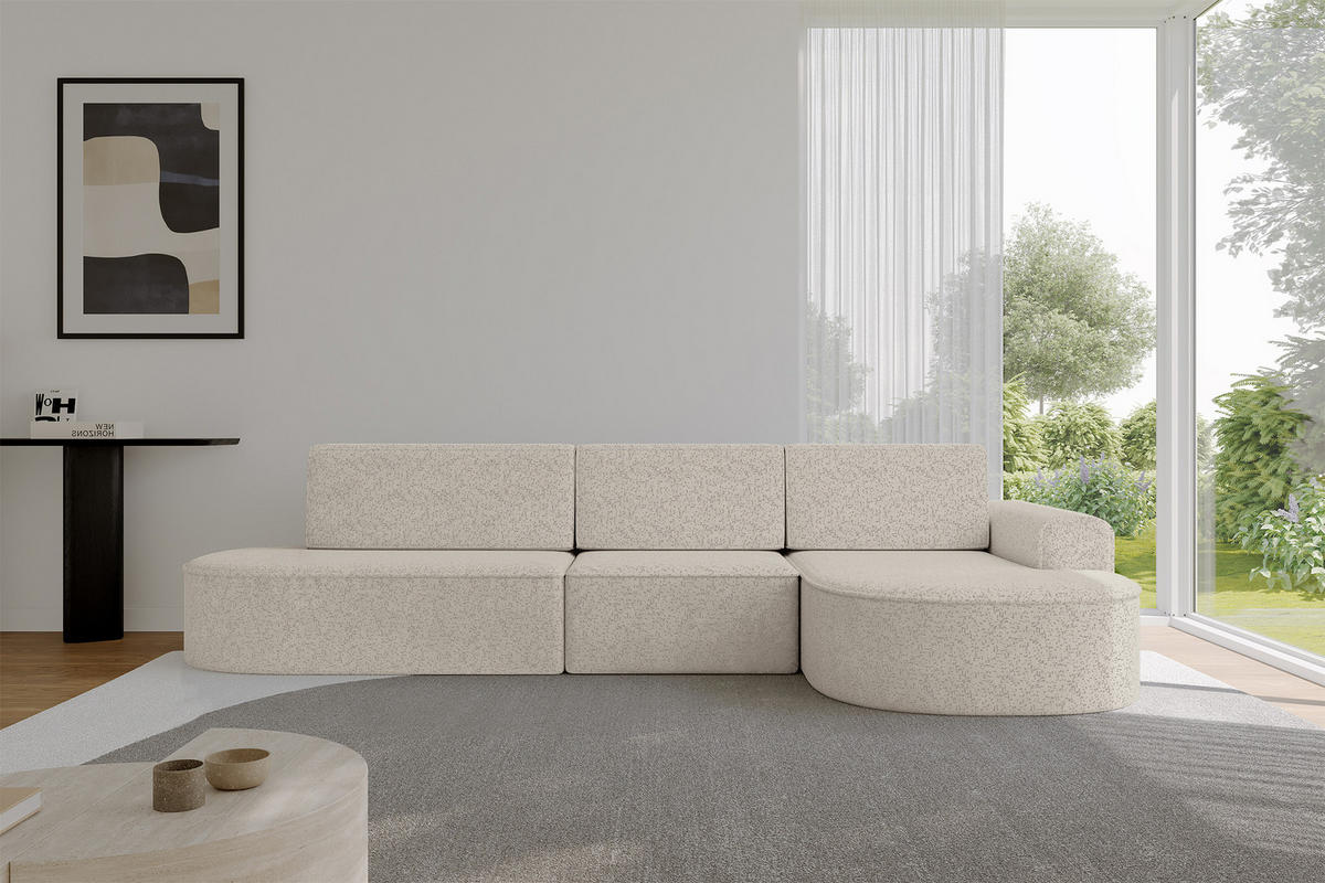 ECKSOFA mit Schlaffunktion Ottomane RECHTS MARI L2-S 368X167X85 Beige Velours - Ecru/Schwarz, Holzwerkstoff/Kunststoff (167/368cm) - ALTDECOR