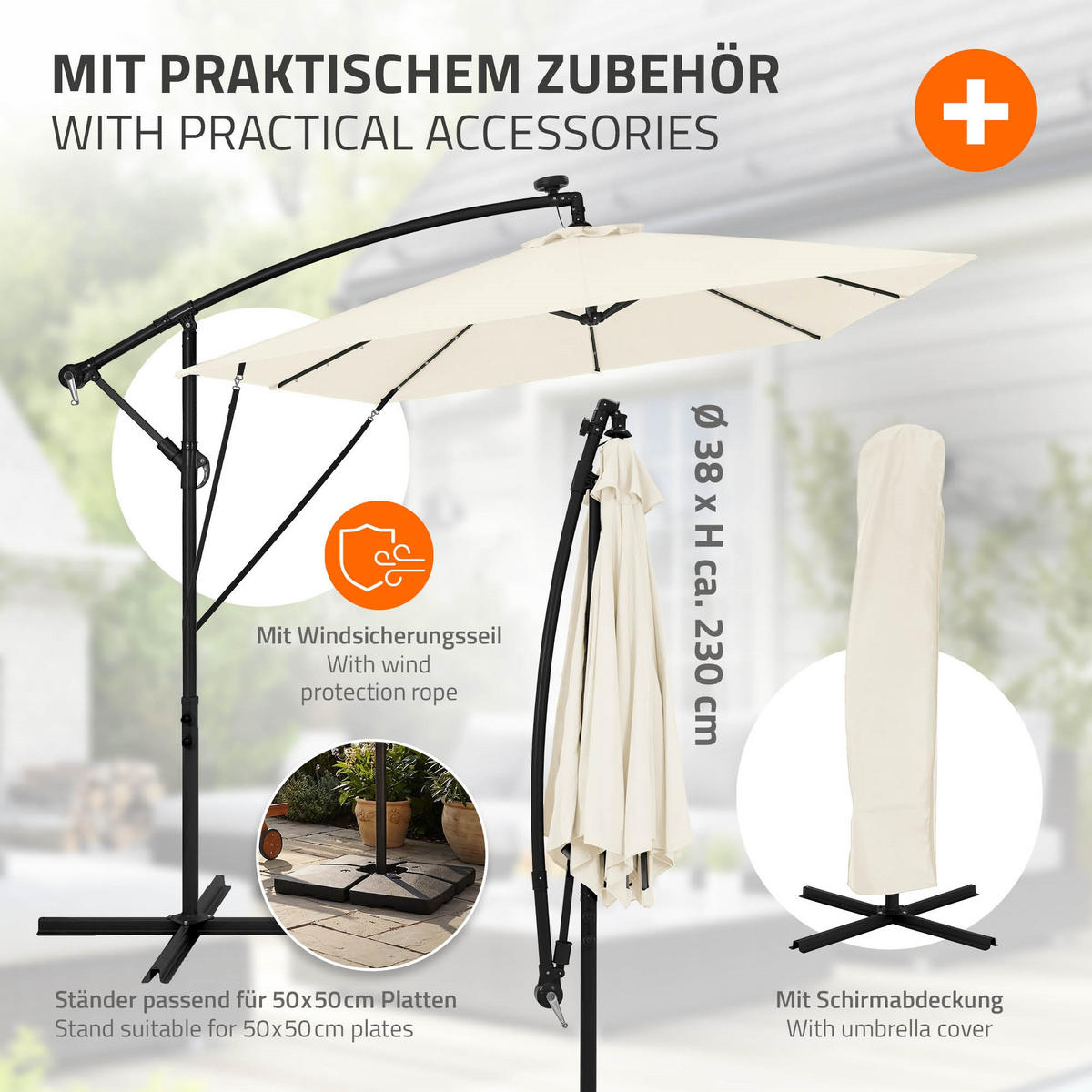 AMPELSCHIRM Ø 330 cm in Beige aus Aluminium mit LED-Solar - Beige, Metall (330/330cm) - ML-DESIGN