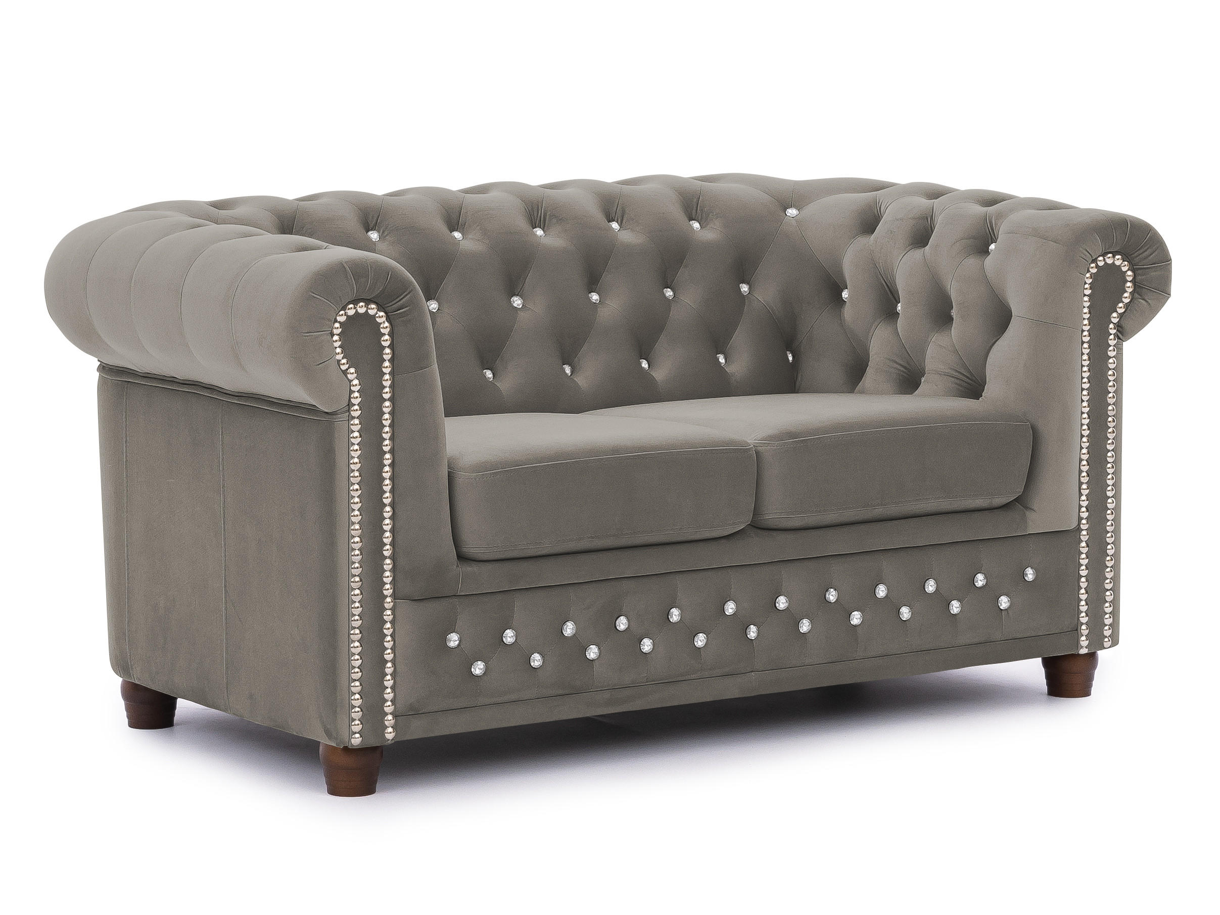CHESTERFIELD-SOFA 2-sitzer Cleo Blink Grau Samt mit Kristallsteppung und braunen Massivholzfüßen - Braun/Grau, Holz/Textil (148/72/86cm) - S-Style Möbel