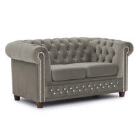 CHESTERFIELD-SOFA 2-sitzer Cleo Blink Grau Samt mit Kristallsteppung und braunen Massivholzfüßen - Braun/Grau, Holz/Textil (148/72/86cm) - S-Style Möbel