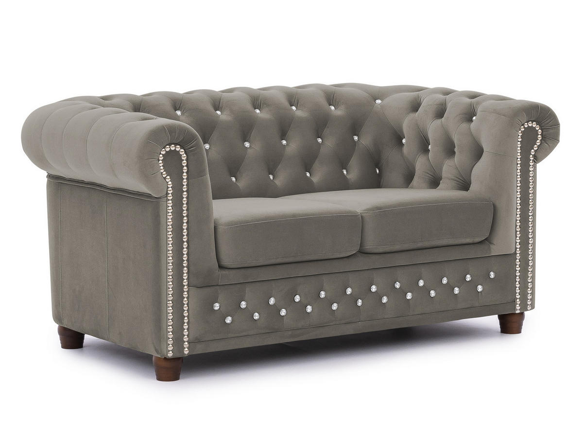 CHESTERFIELD-SOFA 2-sitzer Cleo Blink Grau Samt mit Kristallsteppung und braunen Massivholzfüßen - Braun/Grau, Holz/Textil (148/72/86cm) - S-Style Möbel