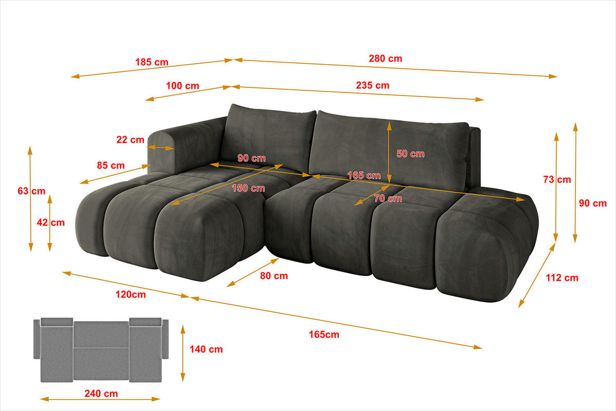 ECKSOFA Ottomane Links CLOUD-L 280x185x90 Schwarz Velours - Schwarz, Holzwerkstoff/Kunststoff (180/289cm) - ALTDECOR