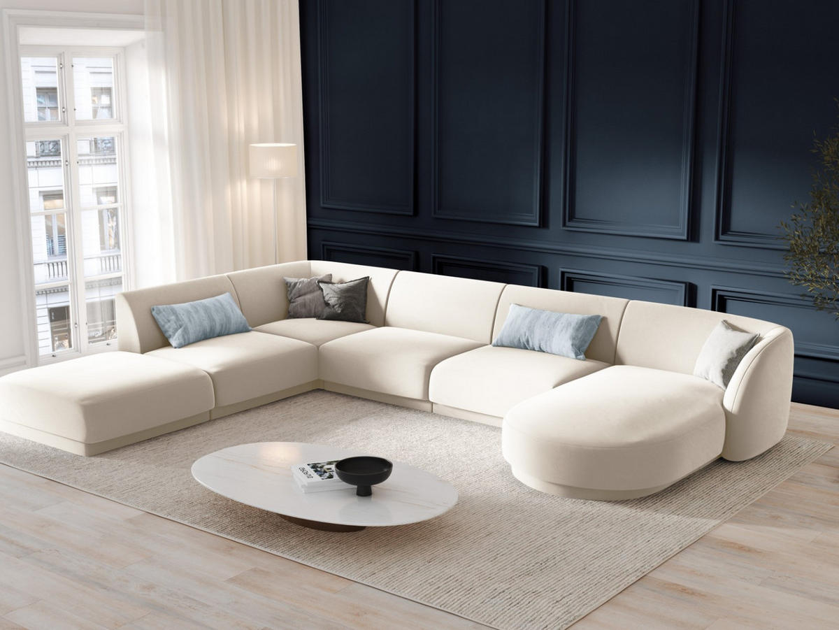 PANORAMASOFA links Miley aus Samt leichtes beige 6 Sitzplätze - Beige, Textil (255/70/330cm) - Micadoni