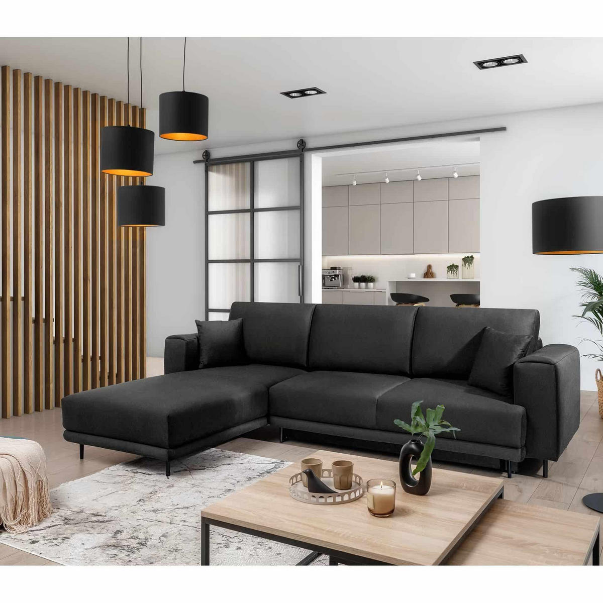 ECKSOFA mit Schlaffunktion und Bettkasten, Loco-Stoff - Dunkelgrau/Schwarz, Textil/Metall (289/190cm) - Eltap