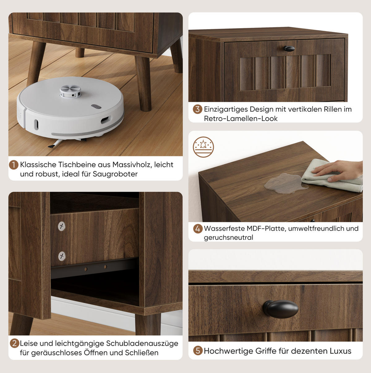 NACHTTISCH aus MDF und Spanplatte 43,5x40x57,5 cm Walnuss mit 2 Schubladen und gerillter Front - Walnussfarben, Holzwerkstoff (43.5/58/40cm) - Modfu