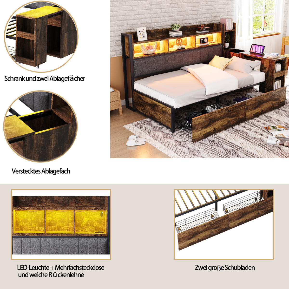 METALLBETT 90/200 cm in Natur mit 2 Schubladen, Schreibtisch und Steckdosen - Braun, Holzwerkstoff/Metall (90/200cm) - WISHDOR