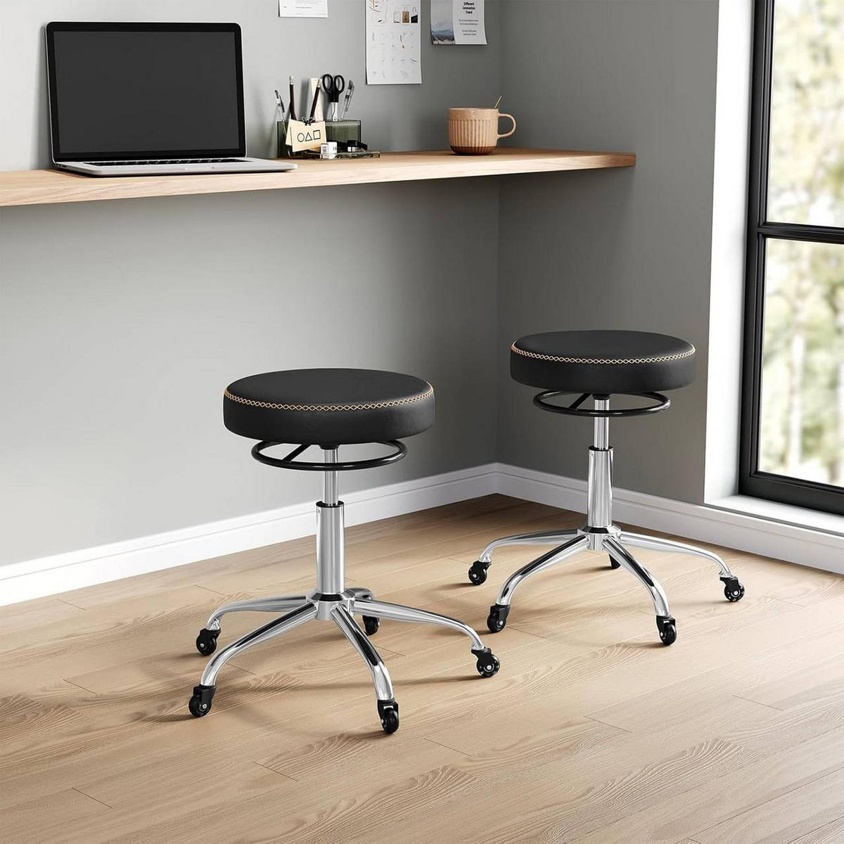 BÜROHOCKER 360° drehbar, rund, Kunstleder, Schwarz - Schwarz, Kunststoff/Textil (49/46/49cm) - Woltu
