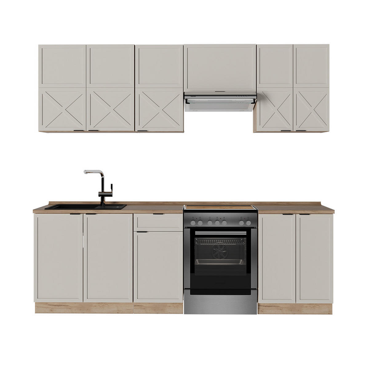 KÜCHENZEILE Fame-Line GrauBeige/Goldkraft Eiche 240 cm, AP Eiche - Honigeiche/Grau, Holzwerkstoff (240/81.6/60cm) - Vicco