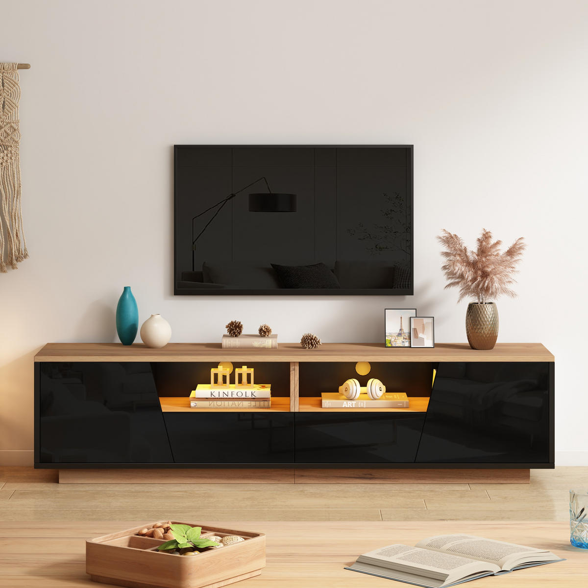 TV-SCHRANK LED Schwarz Holz 2 Schubladen 2 Türen 75 Zoll 180cm - Schwarz, Holzwerkstoff (180/46/40cm) - FLIEKS