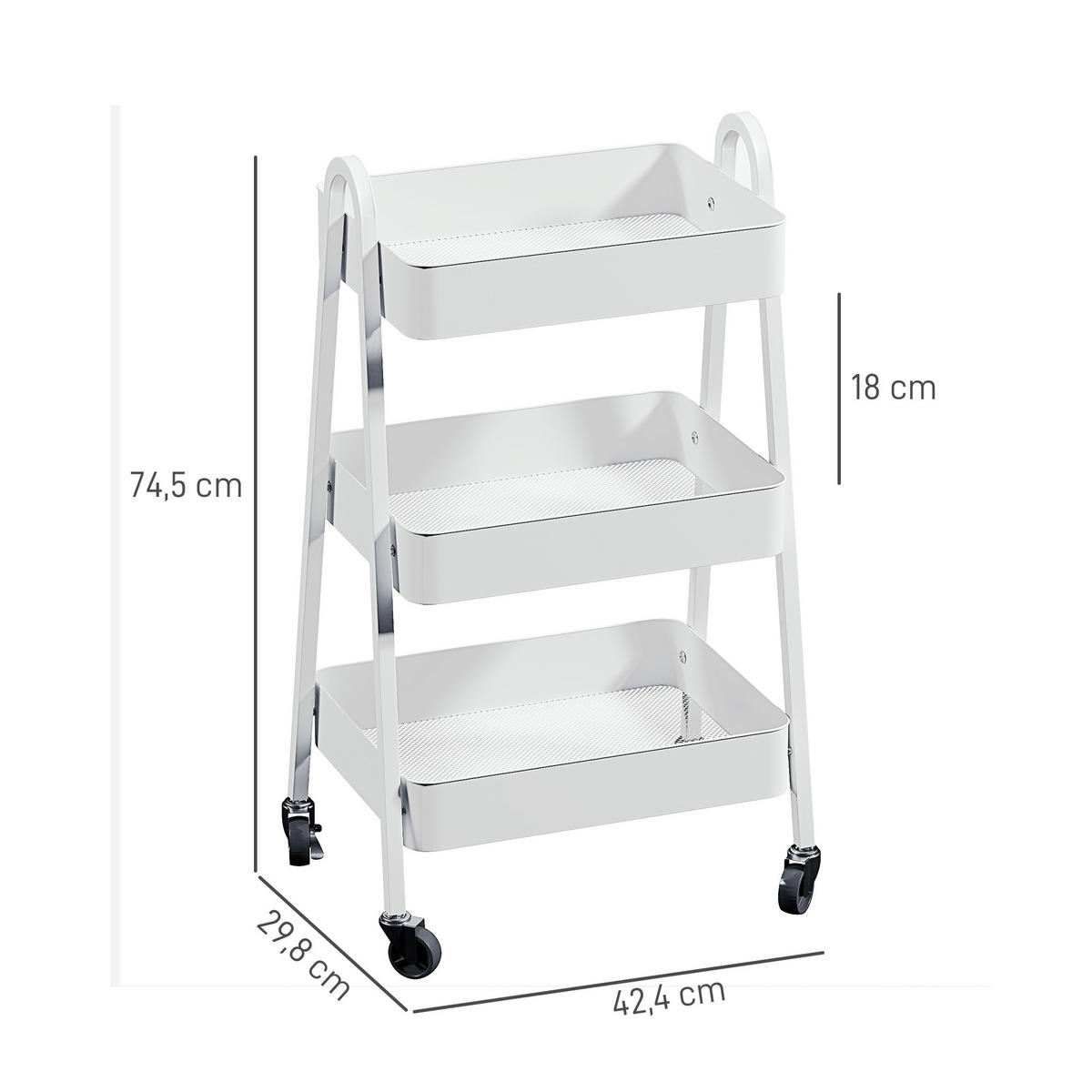 SERVIERWAGEN mit 3 Ebenen Küchenwagen mit Rollen Griff, Weiß - Weiß, Metall (42.4/74.5/29.8cm) - HOMCOM
