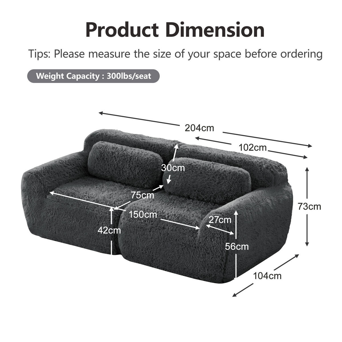2-SITZER Sofa aus Plüschstoff mit modularem Design, grau - Grau, Textil (104/73/204cm)