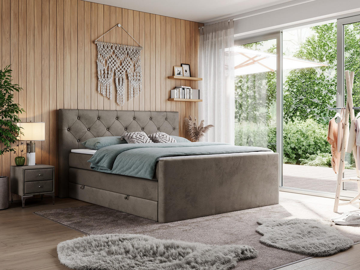 BOXSPRINGBETT KING VELEN 160/200 Braun Velvet - H4 - Braun, Holz/Textil (160/200cm) - MKS
