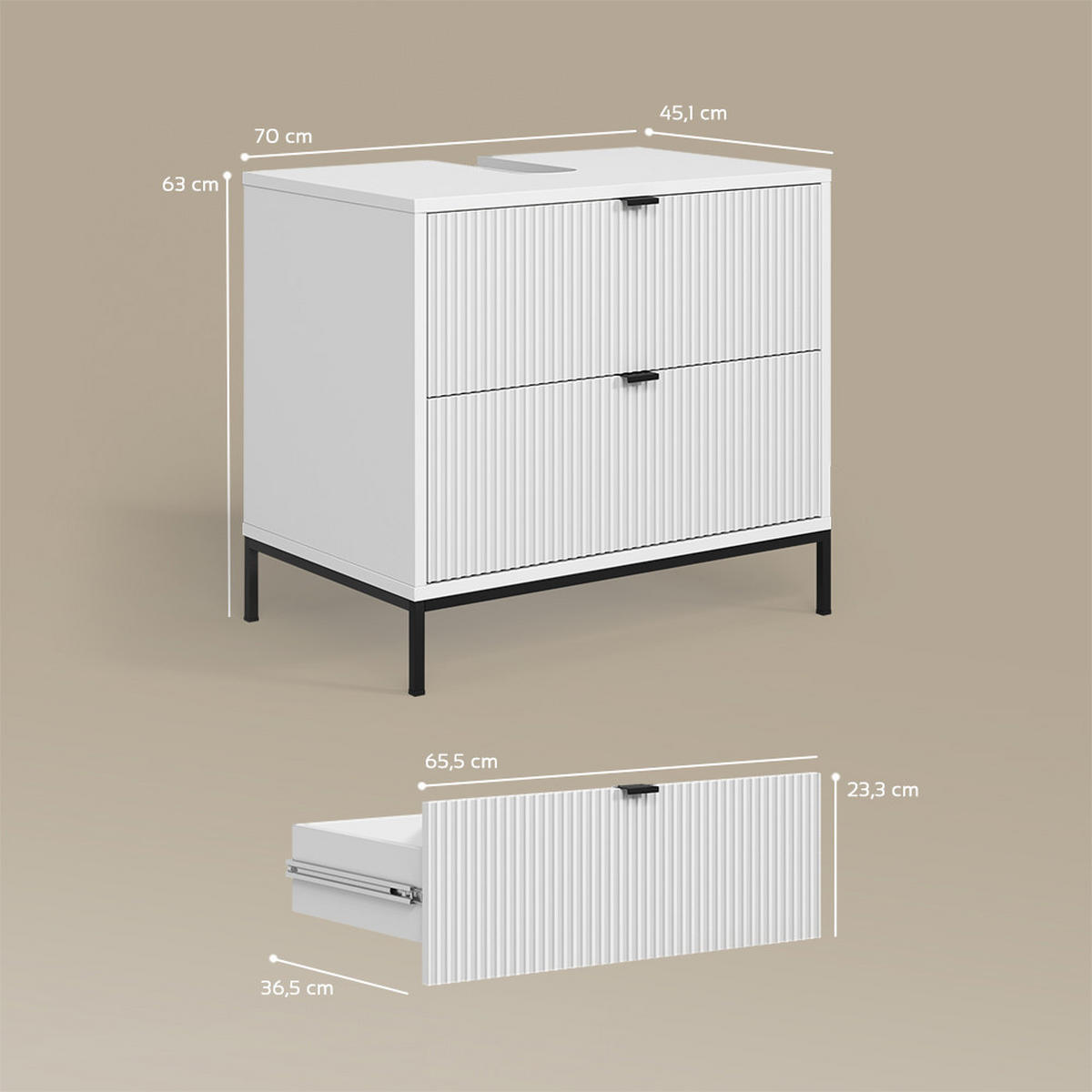 WASCHBECKENUNTERSCHRANK Aterno Weiß 70 x 63 cm mit 2 ausziehbaren Schubladen - Weiß, Holzwerkstoff (70/63/45.1cm) - Livinity®