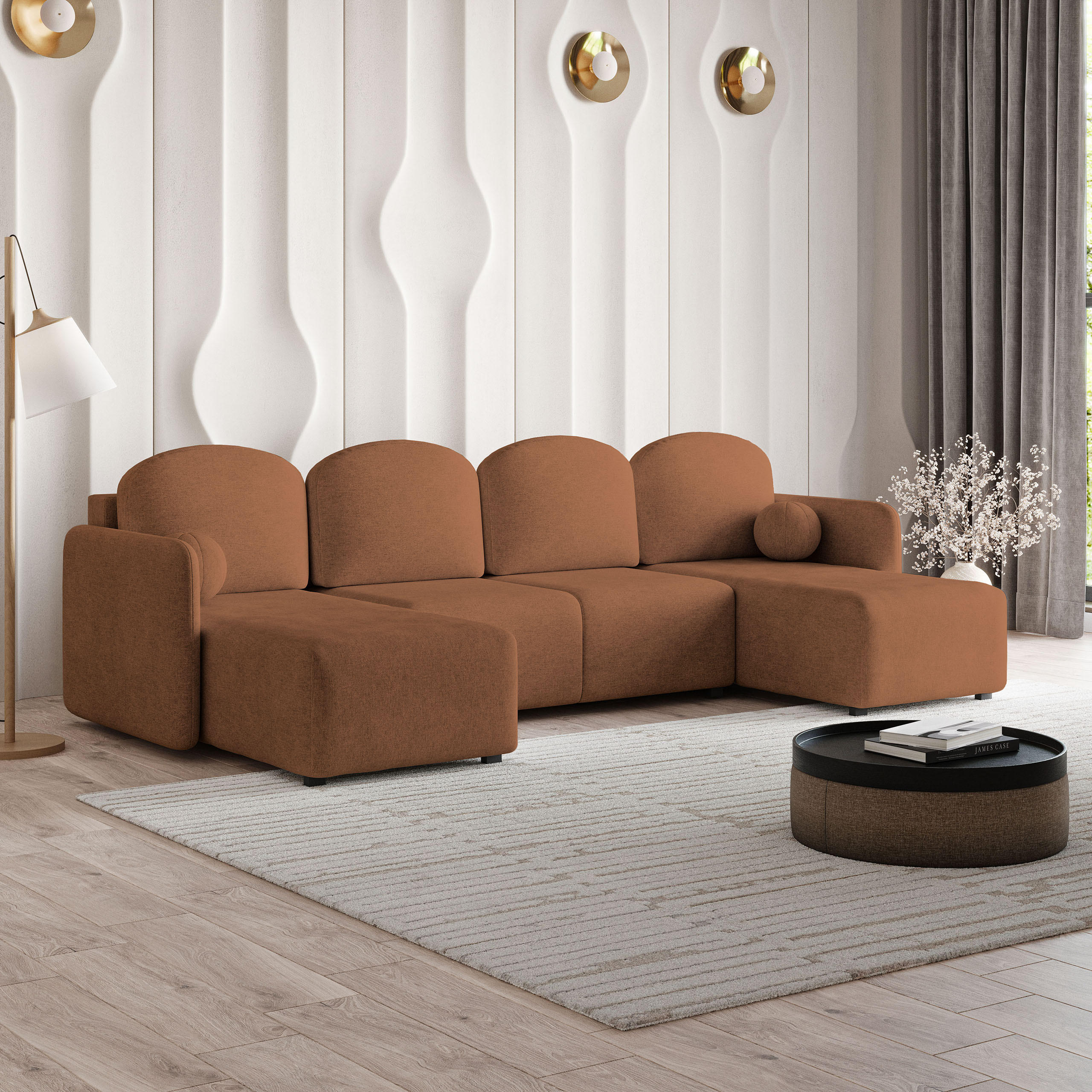WOHNLANDSCHAFT NUBERO Kupferfarben Geflochtener Stoff mit Schlaffunktion - Kupferfarben, Holz (285/85/143cm) - MASSENO