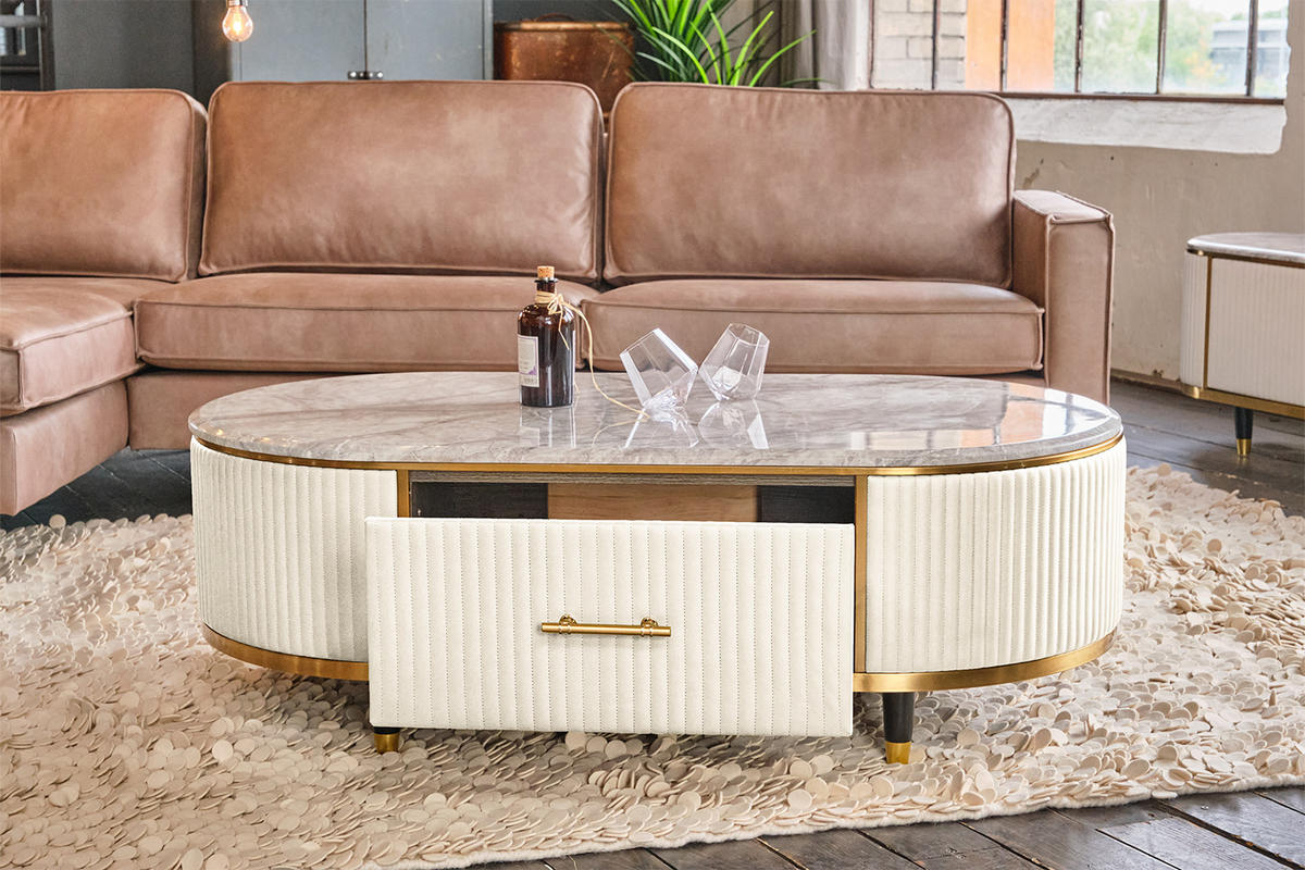 COUCHTISCH MARIA Weiß Kunstleder - Schwarz/Weiß, Stein/Metall (70/130/45cm) - KAWOLA