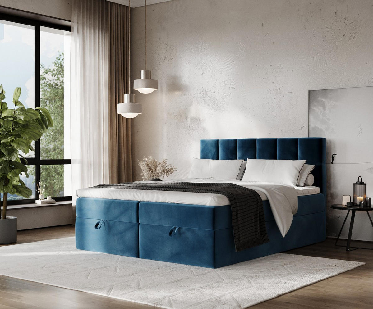 BOXBETT Savio 180/200 cm Dunkelblau im Kronos Stoff - Schwarz/Dunkelblau, Holz/Holzwerkstoff (180/200cm) - AltaBeds